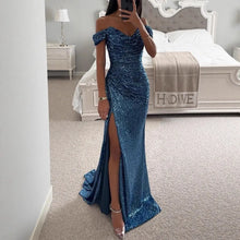 Cargar imagen en el visor de la galería, Women's Elegant Summer Party Dress Sexy One-Character Collar Evening Gown Sequins Breathable Floor-length Split Dress New Solid
