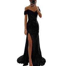 Cargar imagen en el visor de la galería, Women's Elegant Summer Party Dress Sexy One-Character Collar Evening Gown Sequins Breathable Floor-length Split Dress New Solid
