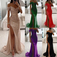 Cargar imagen en el visor de la galería, Women's Elegant Summer Party Dress Sexy One-Character Collar Evening Gown Sequins Breathable Floor-length Split Dress New Solid
