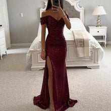 Cargar imagen en el visor de la galería, Women's Elegant Summer Party Dress Sexy One-Character Collar Evening Gown Sequins Breathable Floor-length Split Dress New Solid

