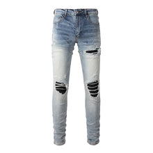 Cargar imagen en el visor de la galería, Men's High Street Slim Fit Casual Washed Vintage Jeans Wholesale Ripped Distressed Damage Patch Denim Pants for Summer
