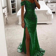Cargar imagen en el visor de la galería, Women's Elegant Summer Party Dress Sexy One-Character Collar Evening Gown Sequins Breathable Floor-length Split Dress New Solid
