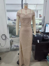 Cargar imagen en el visor de la galería, Women's Elegant Summer Party Dress Sexy One-Character Collar Evening Gown Sequins Breathable Floor-length Split Dress New Solid
