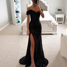 Cargar imagen en el visor de la galería, Women's Elegant Summer Party Dress Sexy One-Character Collar Evening Gown Sequins Breathable Floor-length Split Dress New Solid
