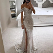 Cargar imagen en el visor de la galería, Women's Elegant Summer Party Dress Sexy One-Character Collar Evening Gown Sequins Breathable Floor-length Split Dress New Solid
