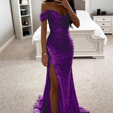 Cargar imagen en el visor de la galería, Women's Elegant Summer Party Dress Sexy One-Character Collar Evening Gown Sequins Breathable Floor-length Split Dress New Solid
