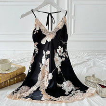 Cargar imagen en el visor de la galería, Summer Women's Satin Print Lace Pajamas Dress Sexy Backless Sleeveless Short Sleep Skirt Breathable Quick Dry Soft Loungewear
