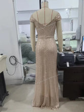 Cargar imagen en el visor de la galería, Women's Elegant Summer Party Dress Sexy One-Character Collar Evening Gown Sequins Breathable Floor-length Split Dress New Solid
