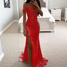 Cargar imagen en el visor de la galería, Women's Elegant Summer Party Dress Sexy One-Character Collar Evening Gown Sequins Breathable Floor-length Split Dress New Solid

