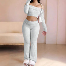 Cargar imagen en el visor de la galería, Women 2026 Summer New Off Shoulder Long Sleeve Solid Slim Fit Top Long Trousers Two Piece Set Casual
