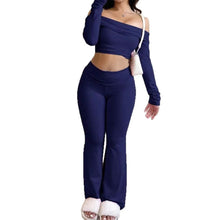 Cargar imagen en el visor de la galería, Women 2026 Summer New Off Shoulder Long Sleeve Solid Slim Fit Top Long Trousers Two Piece Set Casual
