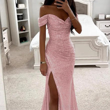 Cargar imagen en el visor de la galería, Women's Elegant Summer Party Dress Sexy One-Character Collar Evening Gown Sequins Breathable Floor-length Split Dress New Solid
