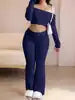 Cargar imagen en el visor de la galería, Women 2026 Summer New Off Shoulder Long Sleeve Solid Slim Fit Top Long Trousers Two Piece Set Casual
