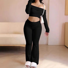 Cargar imagen en el visor de la galería, Women 2026 Summer New Off Shoulder Long Sleeve Solid Slim Fit Top Long Trousers Two Piece Set Casual
